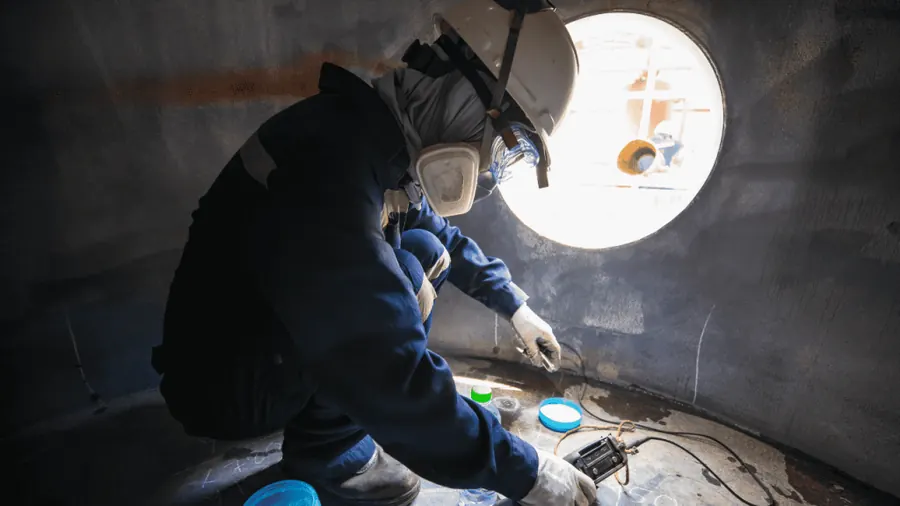 Trabajador en espacio confinado con equipo de protección